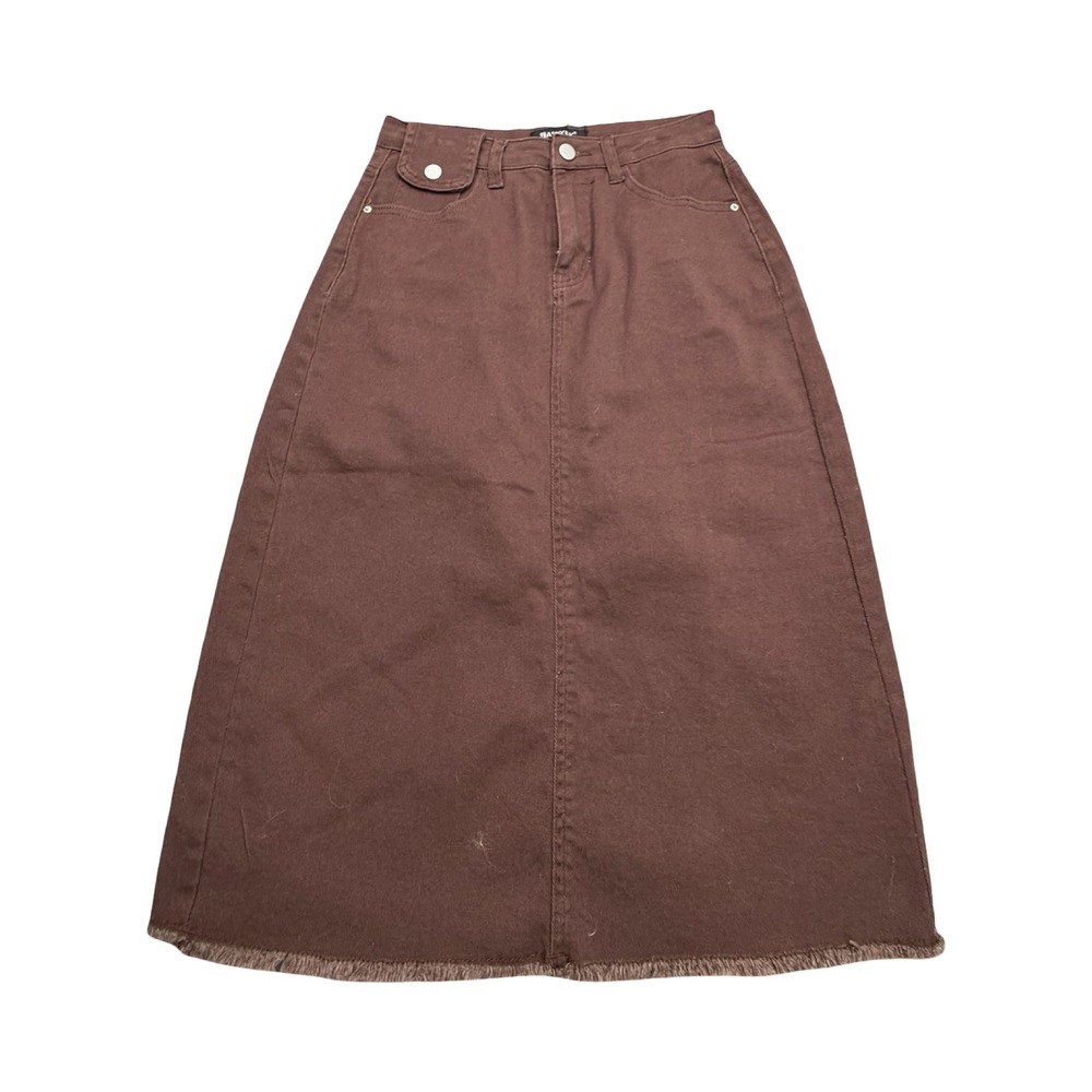 Allegra K Denim Skirt Womens S Brown 28x27 Raw Hem Cotton Stretch Workwear